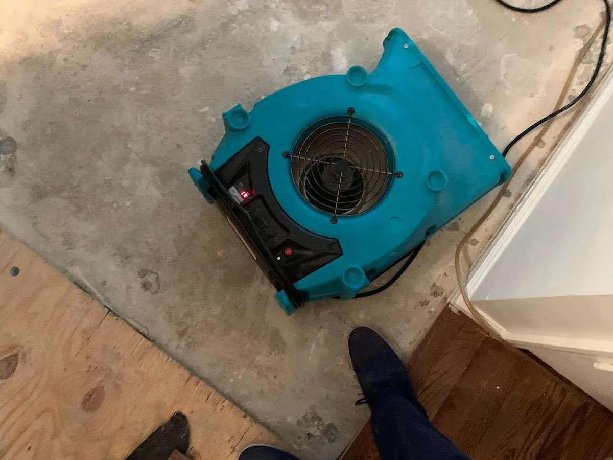 Air mover drying subfloor during Commercial Water Damage Restoration in Cypress